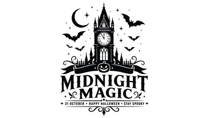 Midnight magic halloween design with a spooky clock tower, bats, crescent moon, and a carved pumpkin, perfect for holidaythemed apparel, invitations, and festive decorations © Hikari Vector Studio