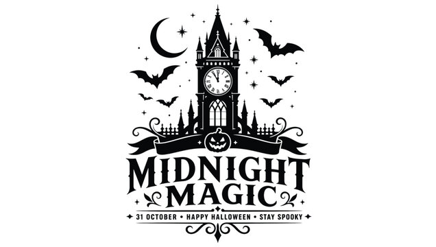 Midnight magic halloween design with a spooky clock tower, bats, crescent moon, and a carved pumpkin, perfect for holidaythemed apparel, invitations, and festive decorations