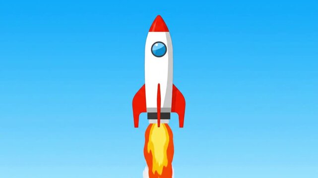 Cartoon Rocket Ship Launching into Blue Sky with Clouds.