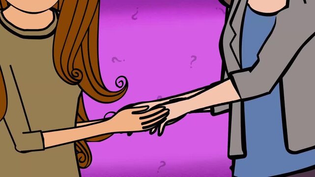 Two Women Shaking Hands on Purple Pattern Background, Business Deal Agreement or Friendly Partnership Greeting, 2D Animation