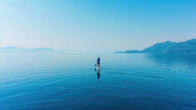 Aerial perspective of a lone individual paddleboarding on a vast calm blue water surface with distant mountain ranges under a clear bright sky