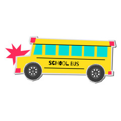 Y2K yellow school bus vehicle halftone collage element. Back to school fun scrapbook sticker with doodle. Cut out Vector Illustration.