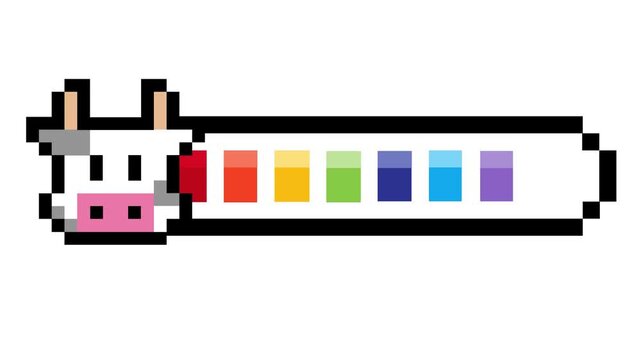 Whimsical pixel art cow icon featuring a vibrant rainbow color bar, a charming graphic element for retro game interfaces and cute designs