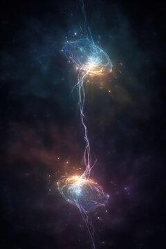 Exploring the composition of quantum entanglement through visual representation of interconnected particles and energy flows in a cosmic space scene
