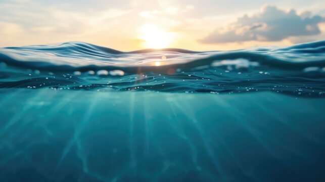 A breathtaking split image capturing the serene ocean surface kissed by golden sunset light revealing a tranquil underwater realm bathed in luminous sunbeams