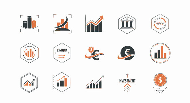 Set of fifteen financial and business logo templates with charts and currency symbols.