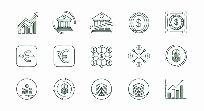 Set of finance and banking line icons representing economy growth and digital transactions.