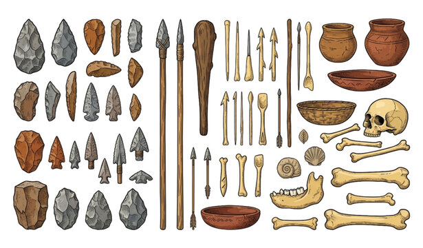 Ancient stone age artifacts and primitive tools vector illustration collection