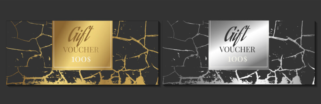 Luxury gift voucher template set. Two horizontal black coupons with gold and silver cracked foil texture. Elegant modern vector design for premium retail, spa, or boutique.