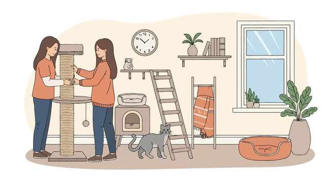 Two women assembling a tall scratching post in a cat-friendly living room with a cat climbing wall, ladder, cat bed, pet house, and a grey cat standing on the floor.