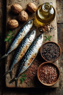 Closeup view of sardines, mackerel, flax seeds, walnuts, and oil arranged on a wooden board with a rustic background showing healthy omega rich foods