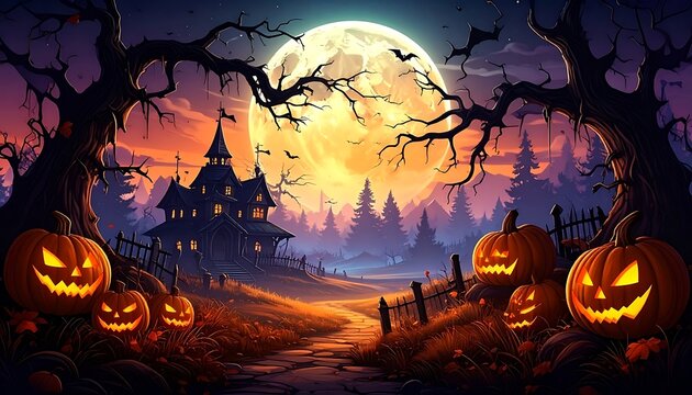 Spooky pixel art Halloween scene with glowing jack-o'-lanterns and a haunted house under a large full moon, featuring silhouetted trees and a mystical twilight sky