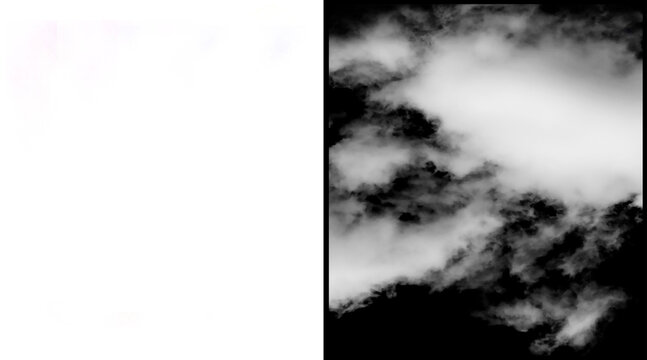 Atmospheric white clouds on black background, ethereal smoke texture for compositing, dramatic sky overlay for photo editing and digital art