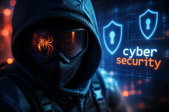A hooded figure with glowing cybernetic eyes is set against a digital cybersecurity background.