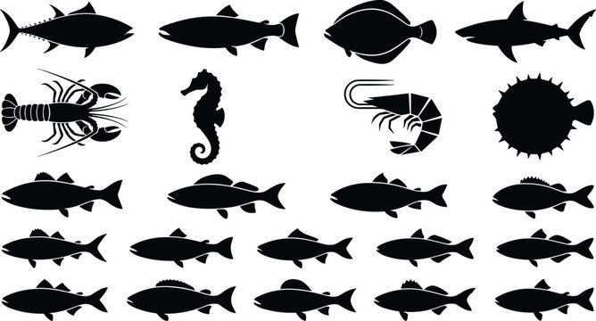 Sea fish and marine wildlife silhouette vector set featuring tuna salmon shark lobster shrimp seahorse and various aquatic fish species.