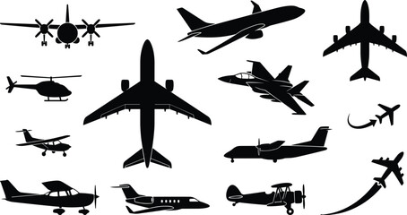 Airplane silhouette vector icon collection featuring passenger jets military aircraft helicopter biplane propeller planes and flight logos illustration © MdAlom