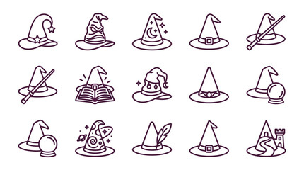 Fototapeta premium Magic Hat Icon Set Collection - Witchcraft, Wizardry, Fantasy Symbols