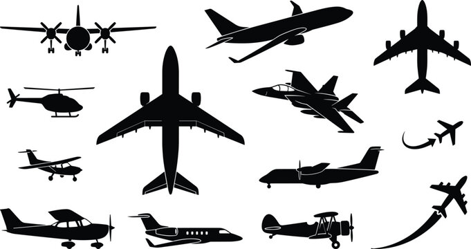 Airplane silhouette vector icon collection featuring passenger jets military aircraft helicopter biplane propeller planes and flight logos illustration