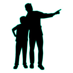 Fototapeta premium Silhouette of Father and Son with Glowing Neon Cyan Outline Isolated on Transparent Background, Man Pointing with Child Vector Illustration