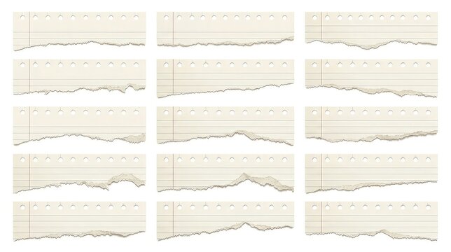 Torn lined paper note cards with holes