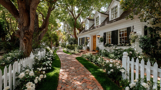 Classic white clapboard house with red brick sidewalk pathway traditional American residential architecture charming suburban home exterior timeless design and real estate property concept