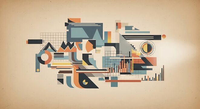 Abstract geometric composition with various shapes, lines, and graphs on a textured beige backdrop