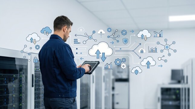 Engineer managing cloud computing server infrastructure in data center, using tablet for network security monitoring and database administration, IT support concept