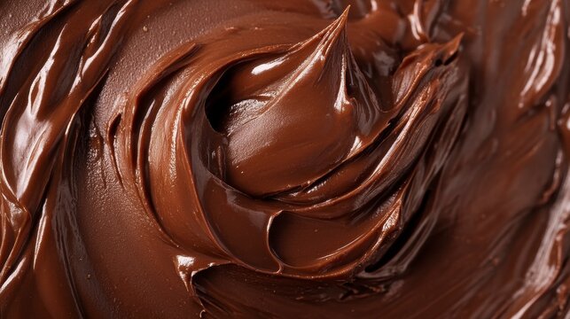 Close-up of smooth, rich chocolate spread with swirl texture.