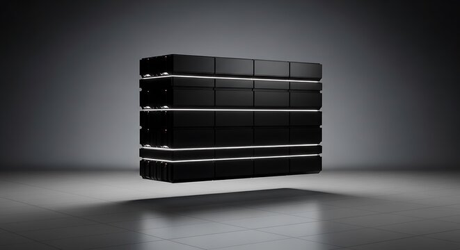 Abstract, geometric, stacked black blocks with glowing lines, on a neutral gradient backdrop