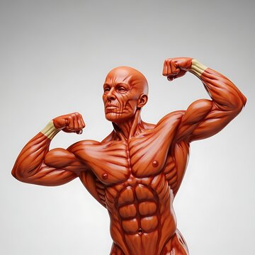 Muscular man in orange tank top flexing arms.