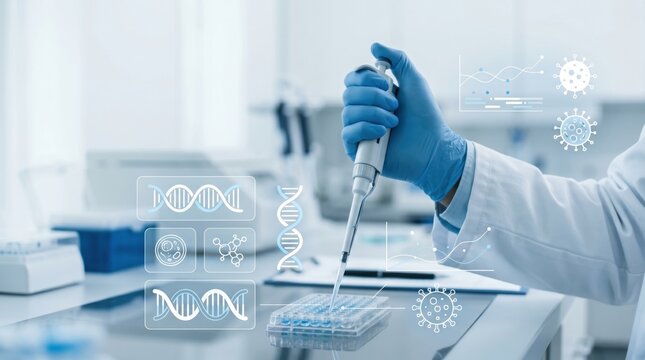 Scientist hand holding pipette in laboratory conducting genetic research with dna molecule graphics overlay for biotechnology medical science and healthcare innovation concept