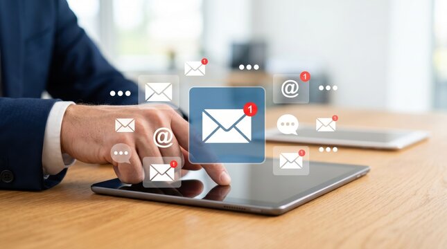Businessman hand checking email notifications on tablet device with floating message icons representing communication, correspondence, and digital connectivity in modern workplace.