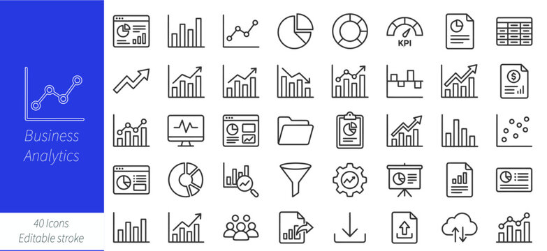 Business analytics and financial reporting line editable icon set. Containing data charts, KPI dashboards, bar graphs, pie charts, market trend analysis, statistics, growth sales Editable stroke. 