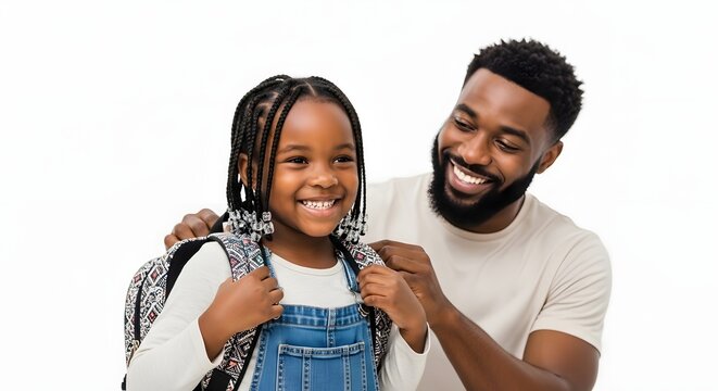 Happy father helping his daughter with her backpack