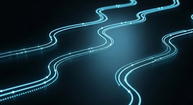 Abstract glowing blue lines weave across a dark surface, suggesting digital pathways