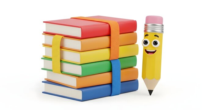 3d illustration of a stack of colorful books with a cute smiling pencil character isolated on white background