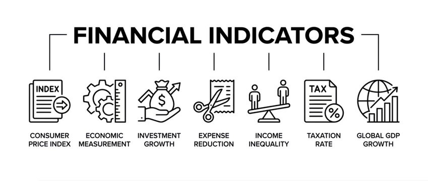 Financial indicators icon set, economic measurement symbols, global GDP and taxation vector
