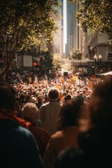 Obraz premium Crowd gathers for protest in downtown area with signs and chants during mid-afternoon hours on a sunny day