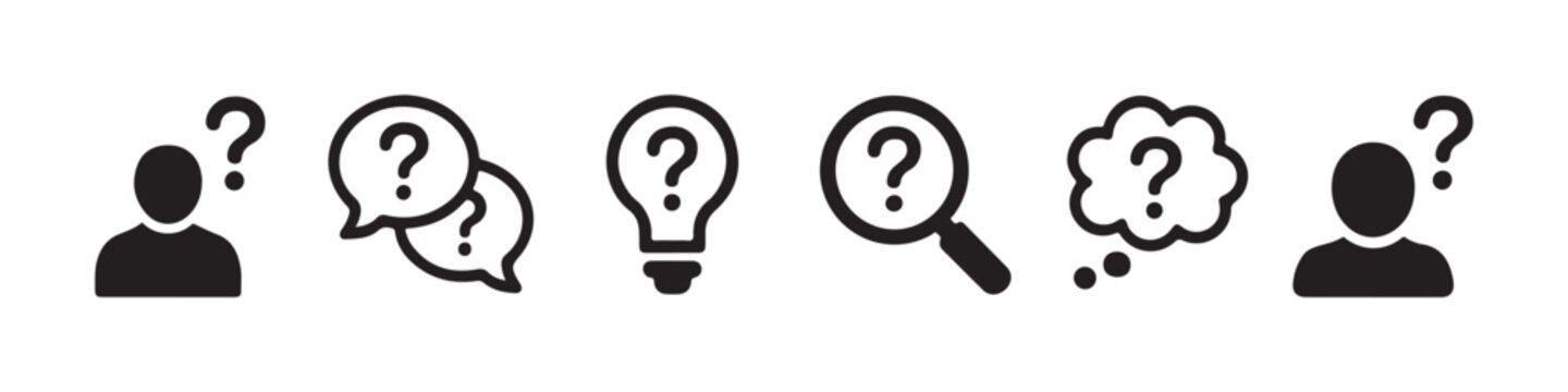 Set of icons showing person silhouette speech bubble lightbulb magnifying glass and thought cloud now.