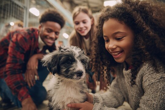 Family enjoys time at an animal shelter during an adoption event with a puppy and smiles all around in a bright indoor space