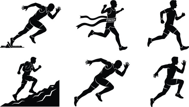 Runner athletes silhouette vector collection bundle with male sprinters starting marathon finishing and trail running poses isolated on white