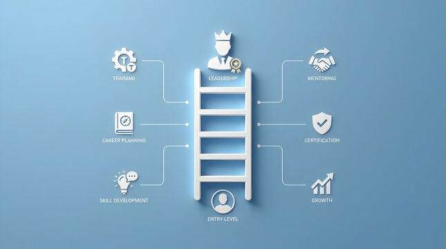 Career progression ladder concept displaying employee growth pathways from entry level to leadership with skill development icons