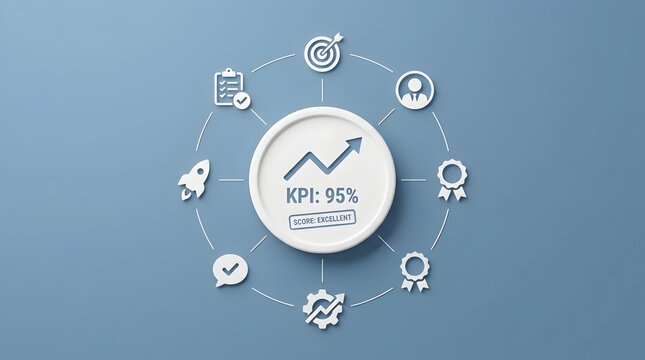 Key performance indicator concept showing an excellent score of ninety five percent surrounded by business target and metric icons