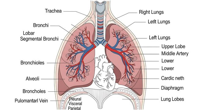 Anatomical diagram of human lungs and respiratory system.