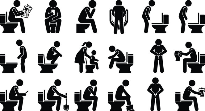 Collection of human silhouette figures in different bathroom situations including peeing reading newspaper and practicing proper hygiene habits