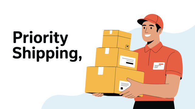 Friendly delivery man in a red uniform and cap holds a stack of parcels under a priority shipping sign against a clean background.