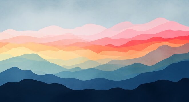 Abstract illustration depicting layered mountains in various shades under a blue sky
