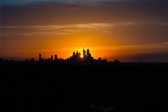 Sun Setting Between Buildings in Center City Philadelphia