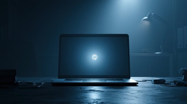 A laptop screen shows a spinning wheel icon in a dark office setting. The office has a dramatic atmosphere and dim lighting.