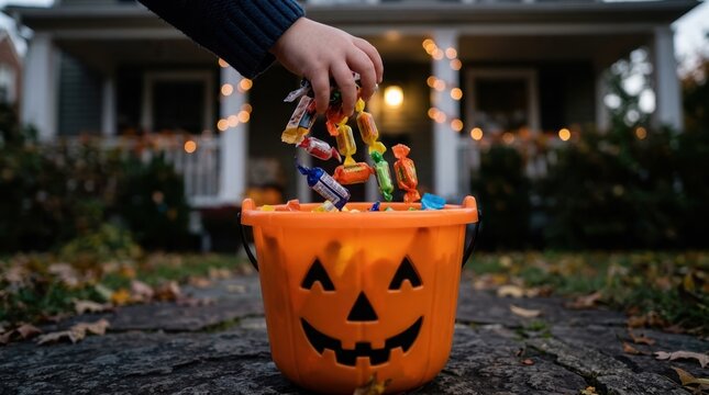 Child hand dropping wrapped candy into orange jackolantern bucket for trick or treat celebration at home entrance during autumn evening